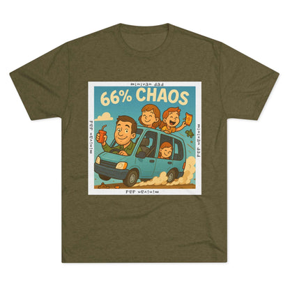 Cartoon dad driving minivan with three excited kids and snacks flying, “66% Chaos” design on dark heather tee – 66 Percent parenting apparel