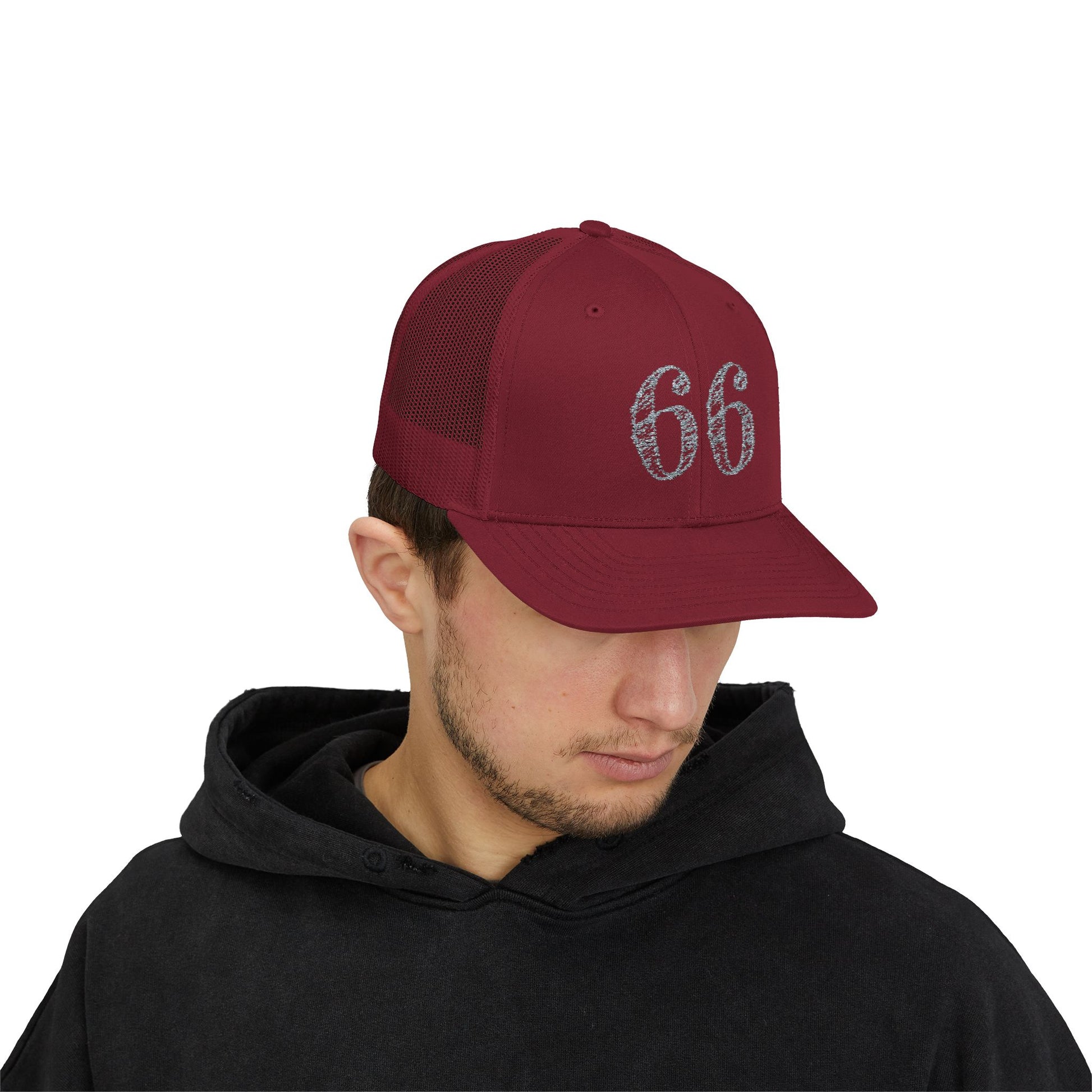 Mesh-back trucker hat with distressed ‘66’ printed on the front panel