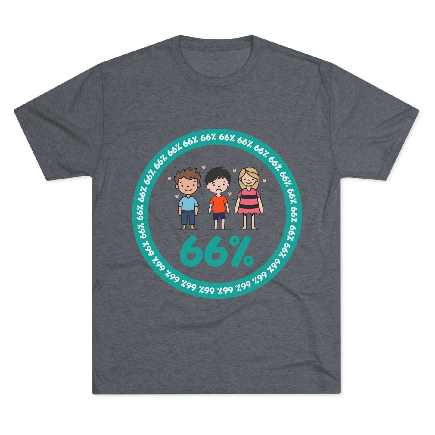 Flat-lay of tri-blend tee with two cartoon boys and one girl inside a teal 66% circle and repeating 66% border