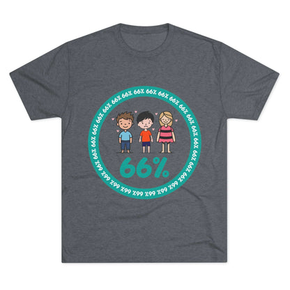 Flat-lay of tri-blend tee with two cartoon boys and one girl inside a teal 66% circle and repeating 66% border