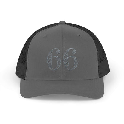 Mesh-back trucker hat with distressed ‘66’ printed on the front panel
