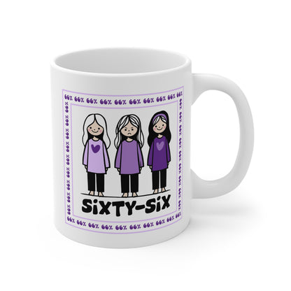Coffee mug printed with a purple-bordered illustration: three girls in matching purple tops (one looking unhappy), encircled by ‘66%’ text, and the caption ‘SIXTY-SIX’ underneath.