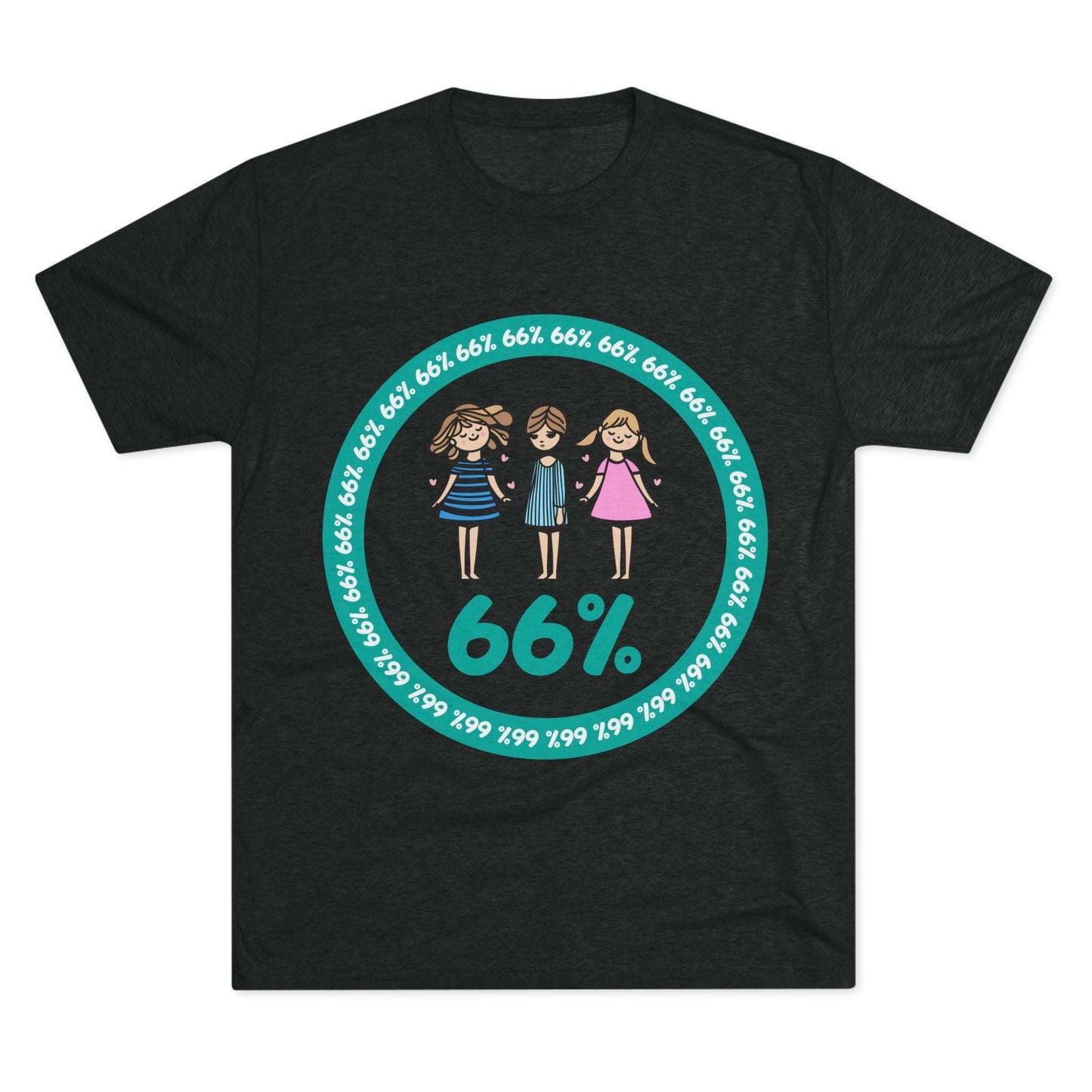 Flat-lay of tri-blend tee with three cartoon girls inside a teal 66% circle and repeating 66% border