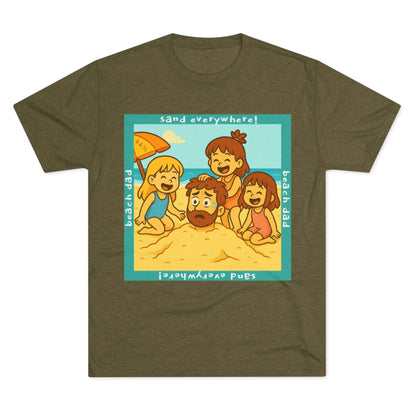 “Beach Dad Buried 66% Tri-Blend Tee — graphic tee flat-lay, cartoon dad sand-buried under umbrella, three kids playing, teal ‘sand everywhere!’ square border, ‘beach dad’ text, unisex casual style.