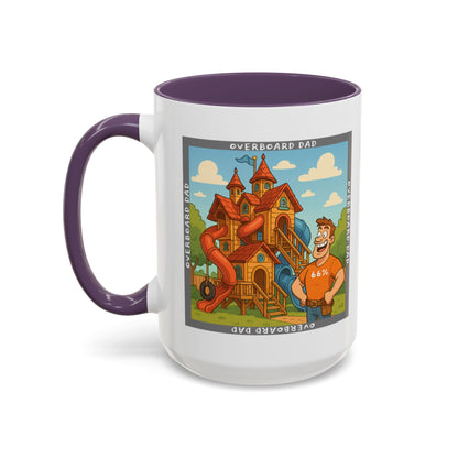White ceramic mug printed with a cartoon dad wearing a ‘66%’ shirt standing beside a multi-level wooden playhouse with twisting slides, framed by the text ‘OVERBOARD DAD’.