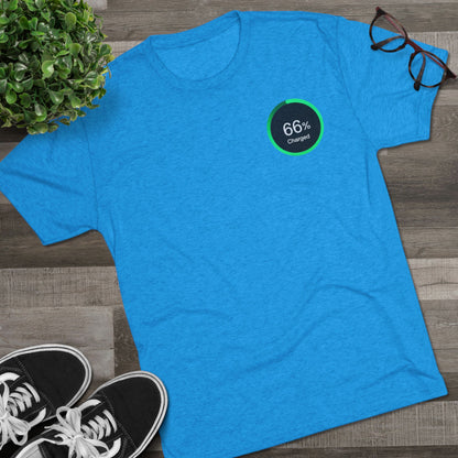 Retro 66% Charged Tri-Blend Tee, showing a vibrant green circular battery gauge reading “66% Charged” 