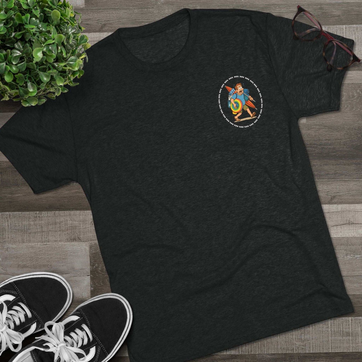 Tri-blend tee featuring large central circular graphic of overwhelmed ‘Beach Dad’ loaded down with chairs, umbrella, floatie and towels, with ‘66% beach dad’ ring