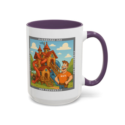 White ceramic mug printed with a cartoon dad wearing a ‘66%’ shirt standing beside a multi-level wooden playhouse with twisting slides, framed by the text ‘OVERBOARD DAD’.