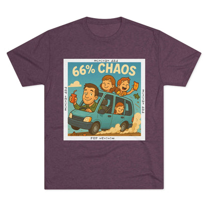 Cartoon dad driving minivan with three excited kids and snacks flying, “66% Chaos” design on dark heather tee – 66 Percent parenting apparel
