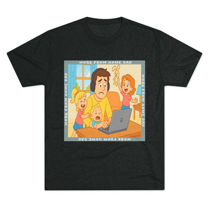 Work From Home Dad 66% Tri-Blend Tee — graphic tee flat-lay, cartoon dad with headphones typing on 66% laptop, three kids demanding attention, green WORK FROM HOME DAD square border, casual unisex style.