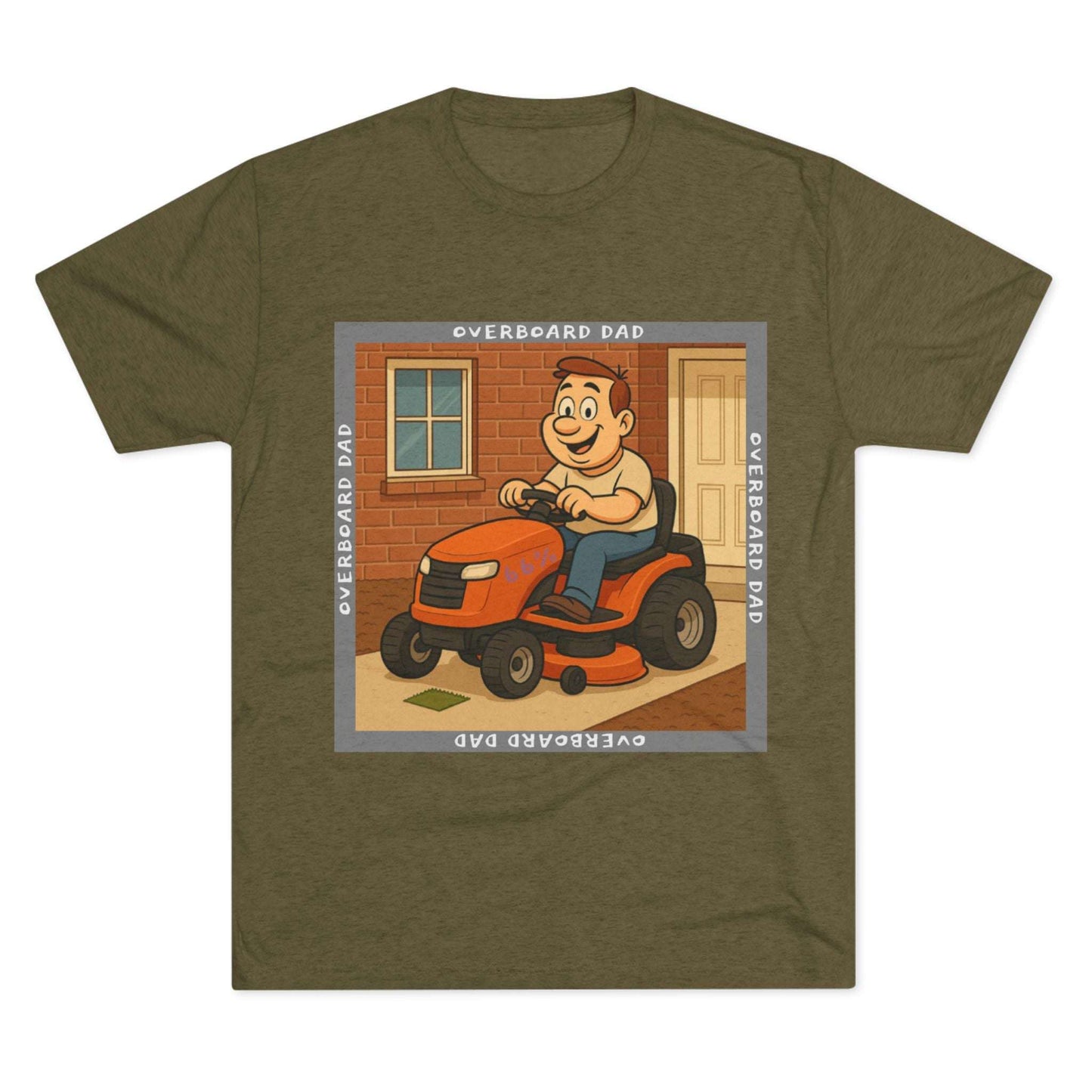 Overboard Dad Mower 66% Tri-Blend Tee — graphic tee, flat-lay with cartoon dad on ride-on mower, gray ‘OVERBOARD DAD’ square border, 66% decal, casual vintage style.