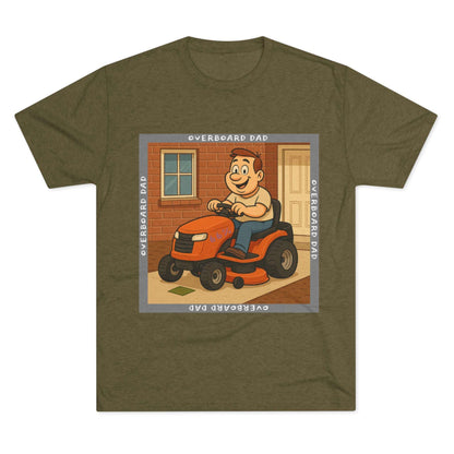 Overboard Dad Mower 66% Tri-Blend Tee — graphic tee, flat-lay with cartoon dad on ride-on mower, gray ‘OVERBOARD DAD’ square border, 66% decal, casual vintage style.