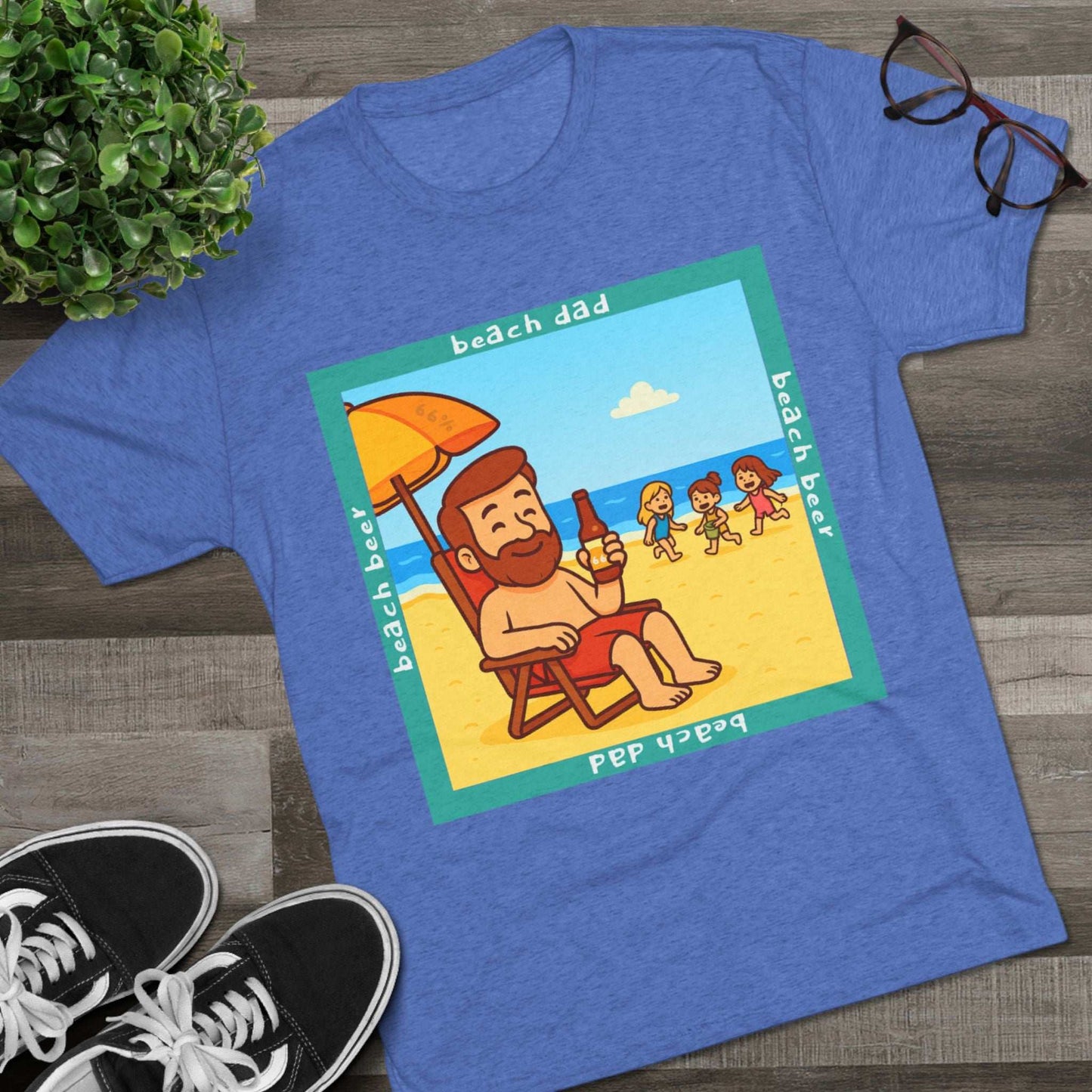 Beach Dad drinking beer on the sand with kids playing – 66% Tri-Blend Tee