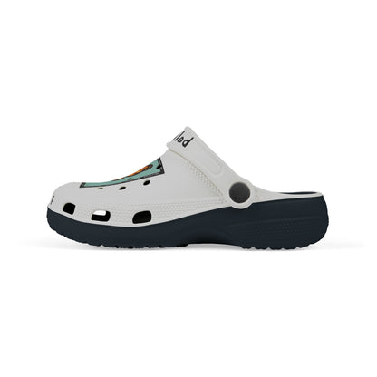 White slip-on clogs decorated with colorful Jibbitz: each shoe has a teal square graphic showing a cute jellyfish with butterfly wings and scattered gold dot accents, plus ‘Bellyfish’ branding on the straps