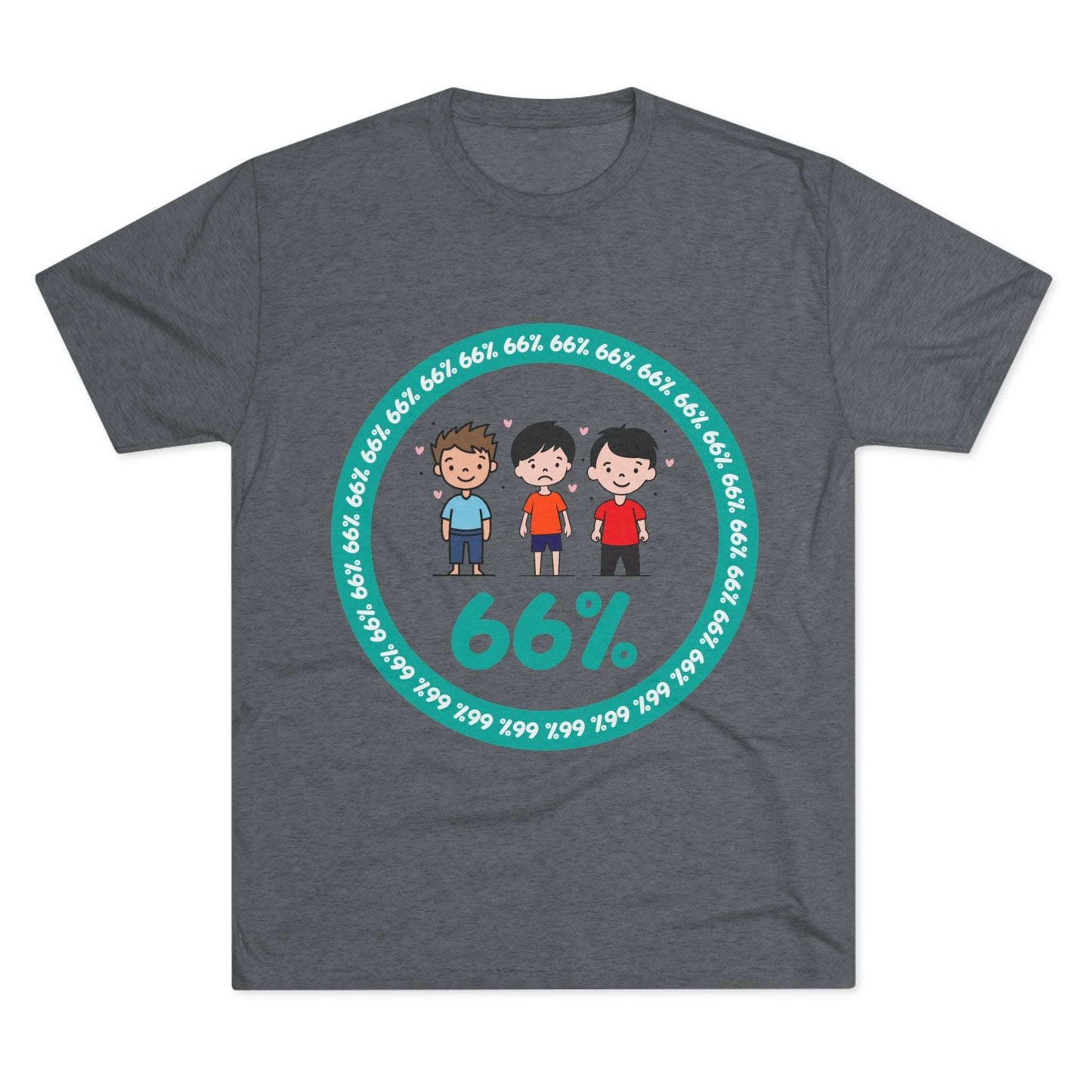 Flat-lay of tri-blend tee with three cartoon boys inside a teal 66% circle and repeating 66% border