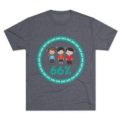 Flat-lay of tri-blend tee with three cartoon boys inside a teal 66% circle and repeating 66% border