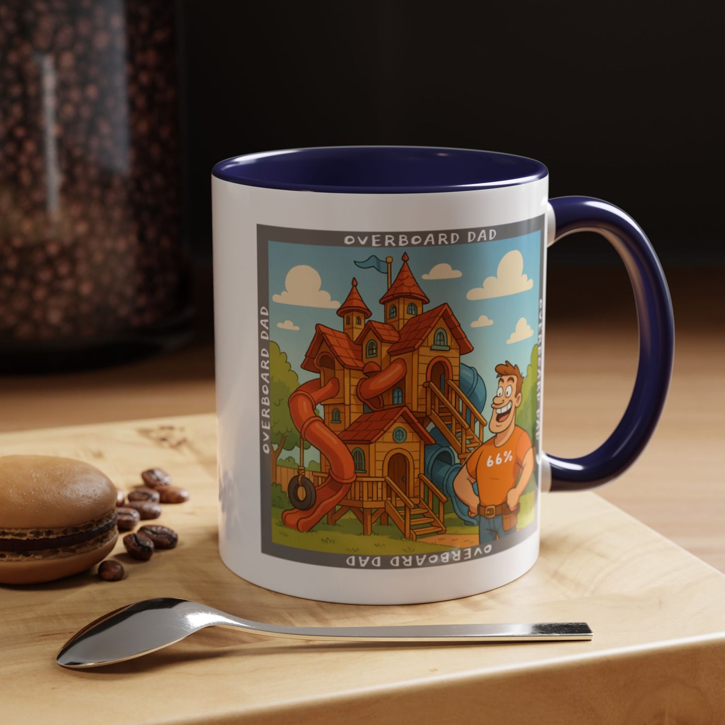 White ceramic mug printed with a cartoon dad wearing a ‘66%’ shirt standing beside a multi-level wooden playhouse with twisting slides, framed by the text ‘OVERBOARD DAD’.