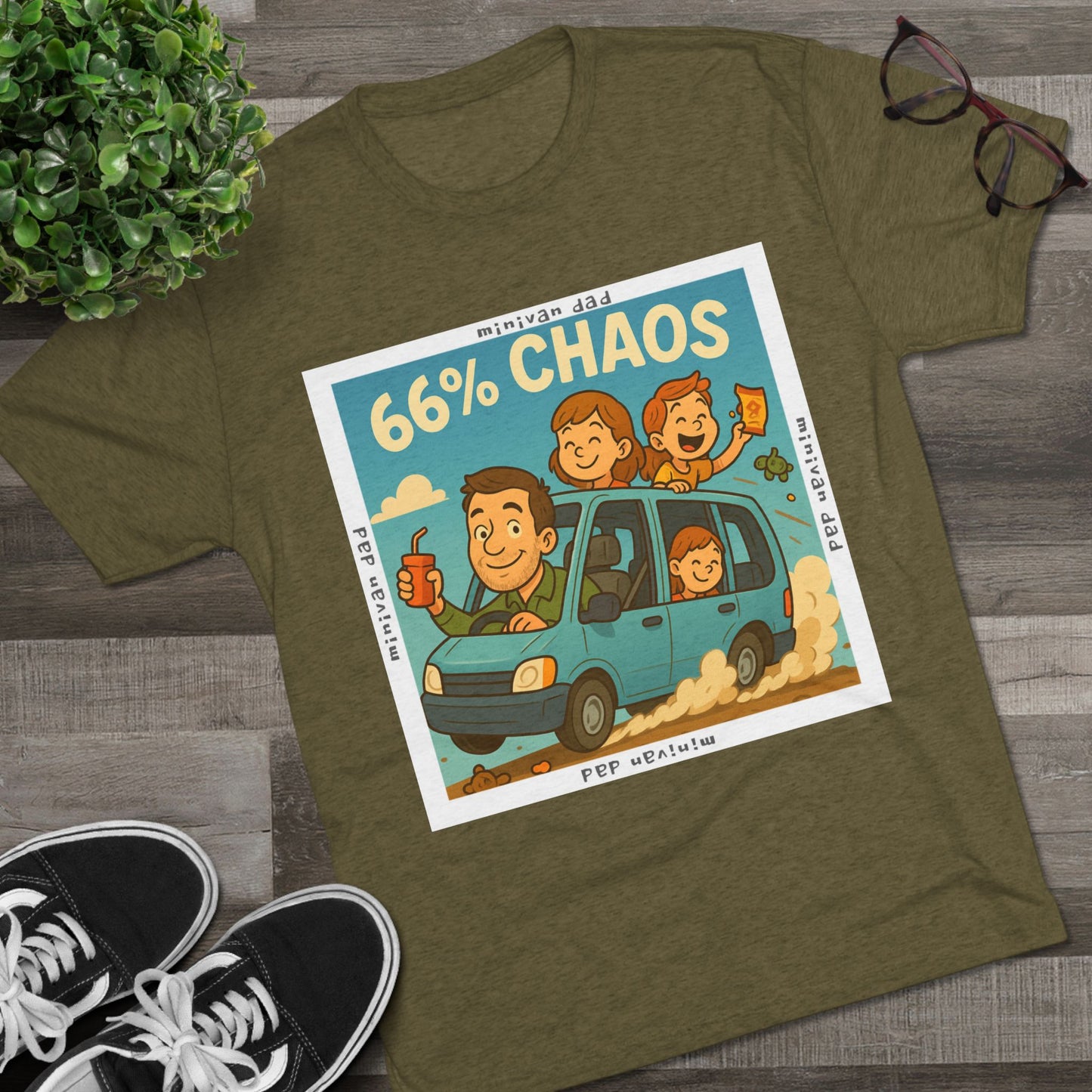 Cartoon dad driving minivan with three excited kids and snacks flying, “66% Chaos” design on dark heather tee – 66 Percent parenting apparel