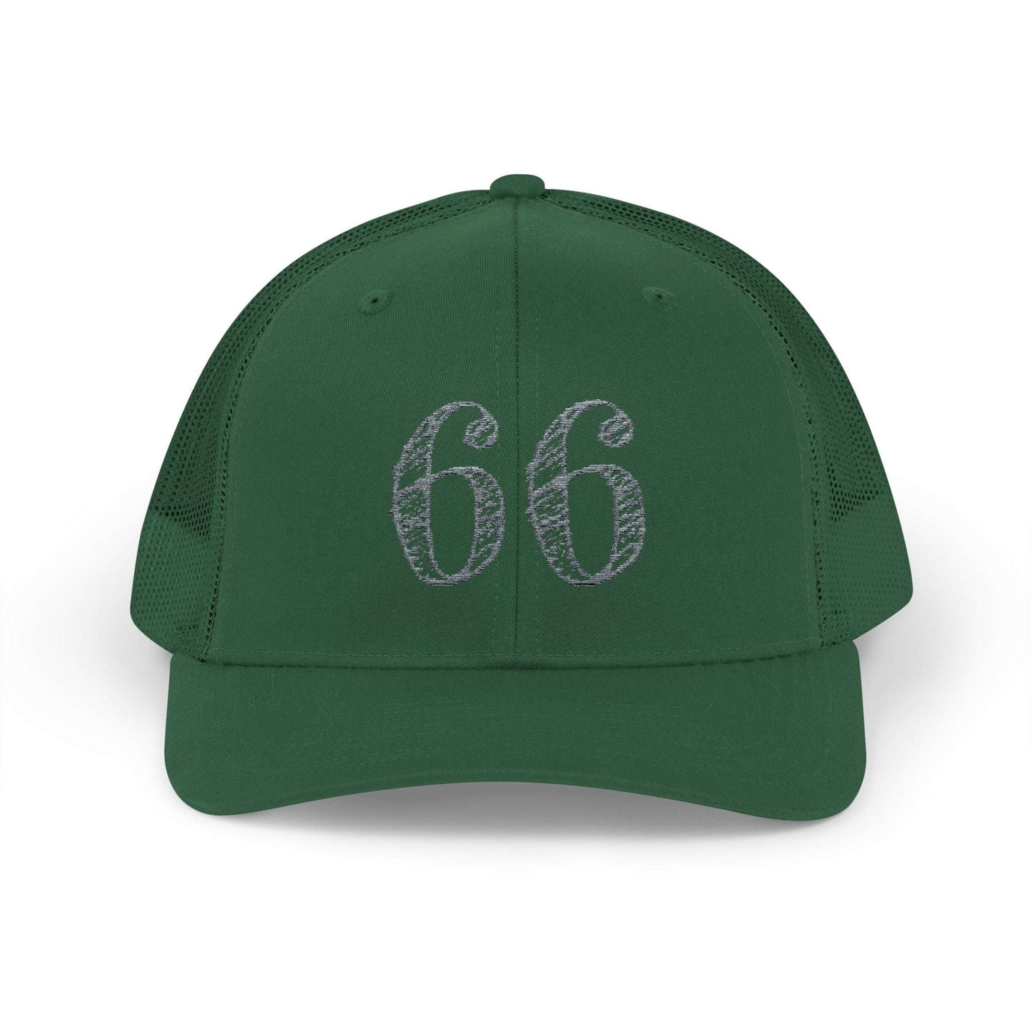 Mesh-back trucker hat with distressed ‘66’ printed on the front panel
