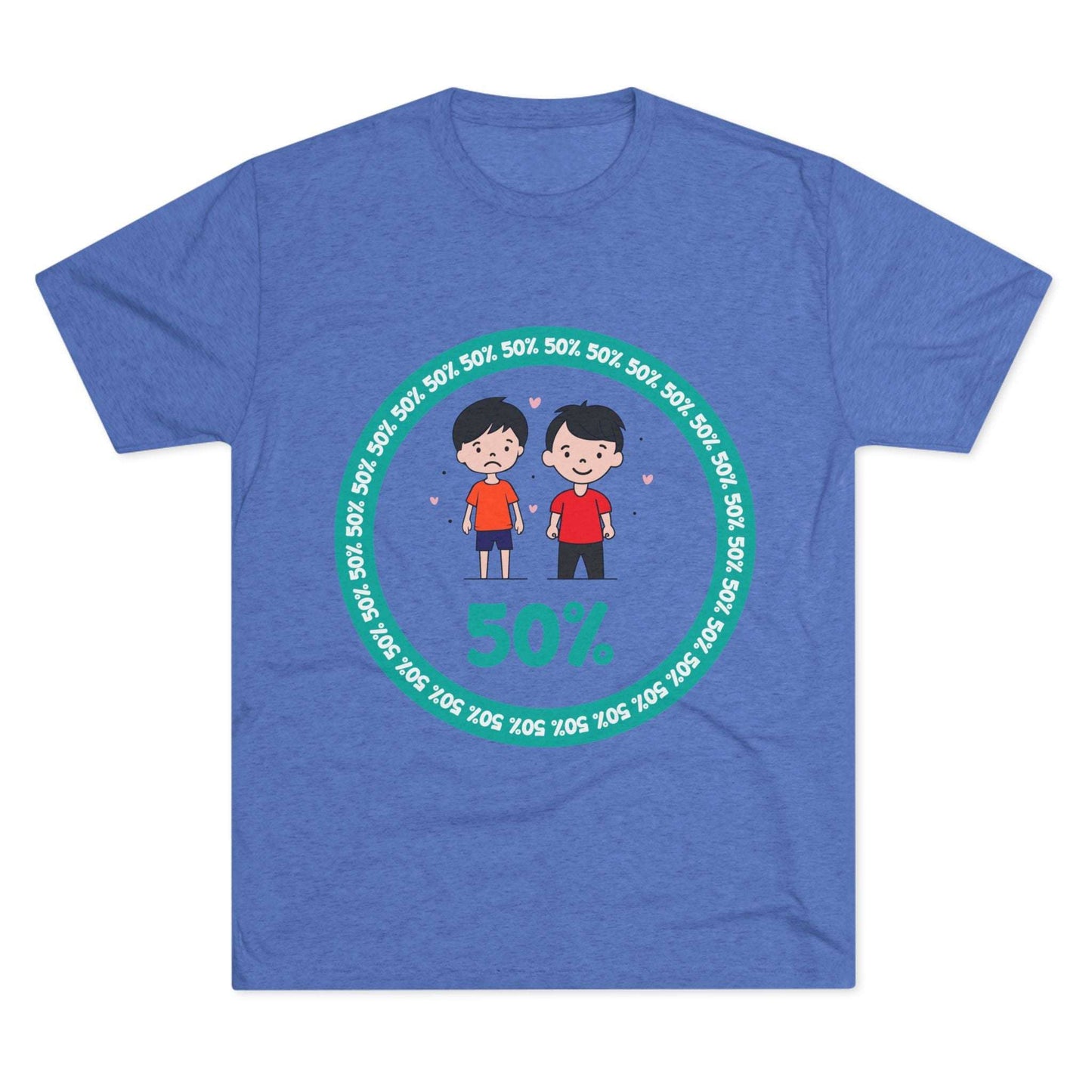 Original Boy Boy 50% Tri-Blend Tee — graphic t-shirt flat-lay, cartoon siblings inside teal 50% circle, repeating 50% pattern, bold 50% text, casual unisex style.