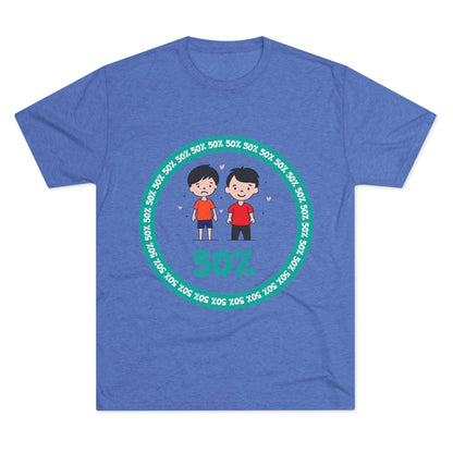 Original Boy Boy 50% Tri-Blend Tee — graphic t-shirt flat-lay, cartoon siblings inside teal 50% circle, repeating 50% pattern, bold 50% text, casual unisex style.
