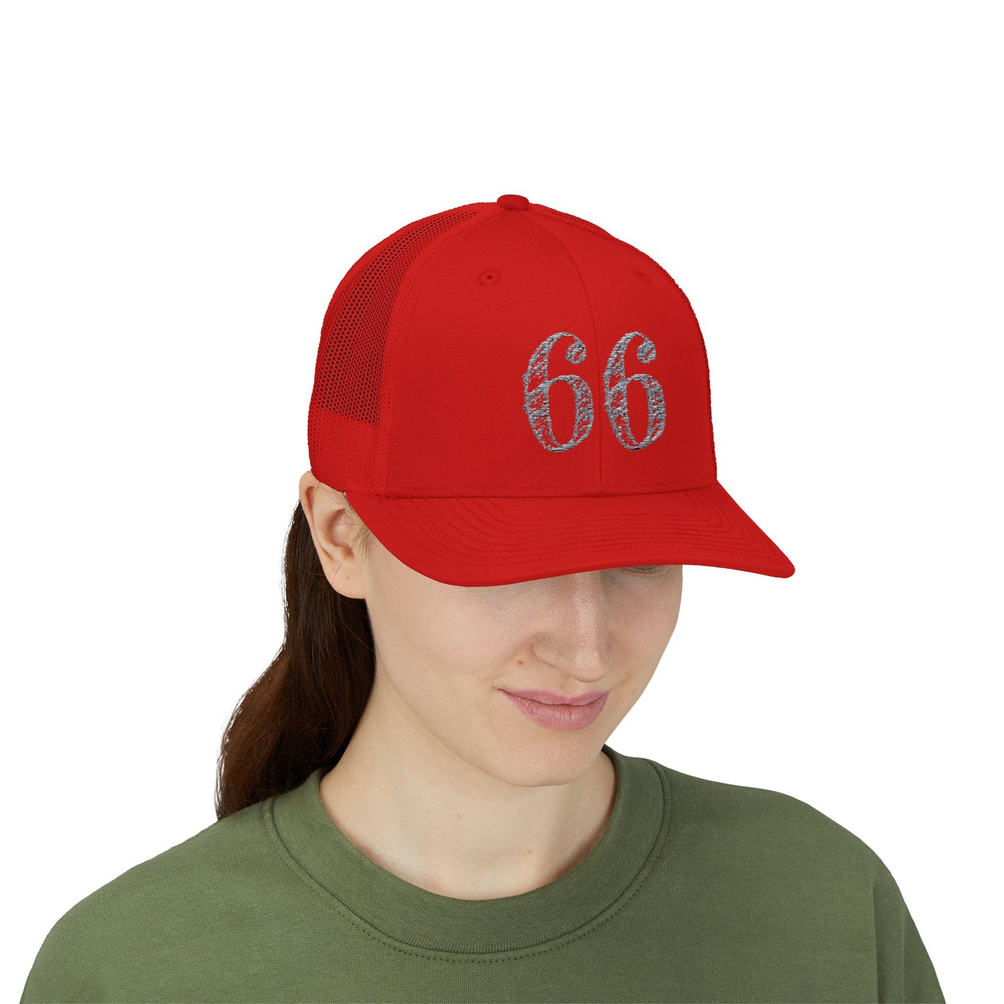 Mesh-back trucker hat with distressed ‘66’ printed on the front panel