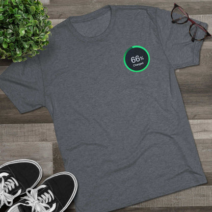 Retro 66% Charged Tri-Blend Tee, showing a vibrant green circular battery gauge reading “66% Charged”