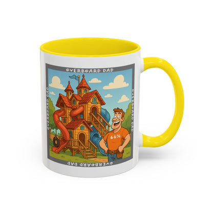 White ceramic mug printed with a cartoon dad wearing a ‘66%’ shirt standing beside a multi-level wooden playhouse with twisting slides, framed by the text ‘OVERBOARD DAD’.