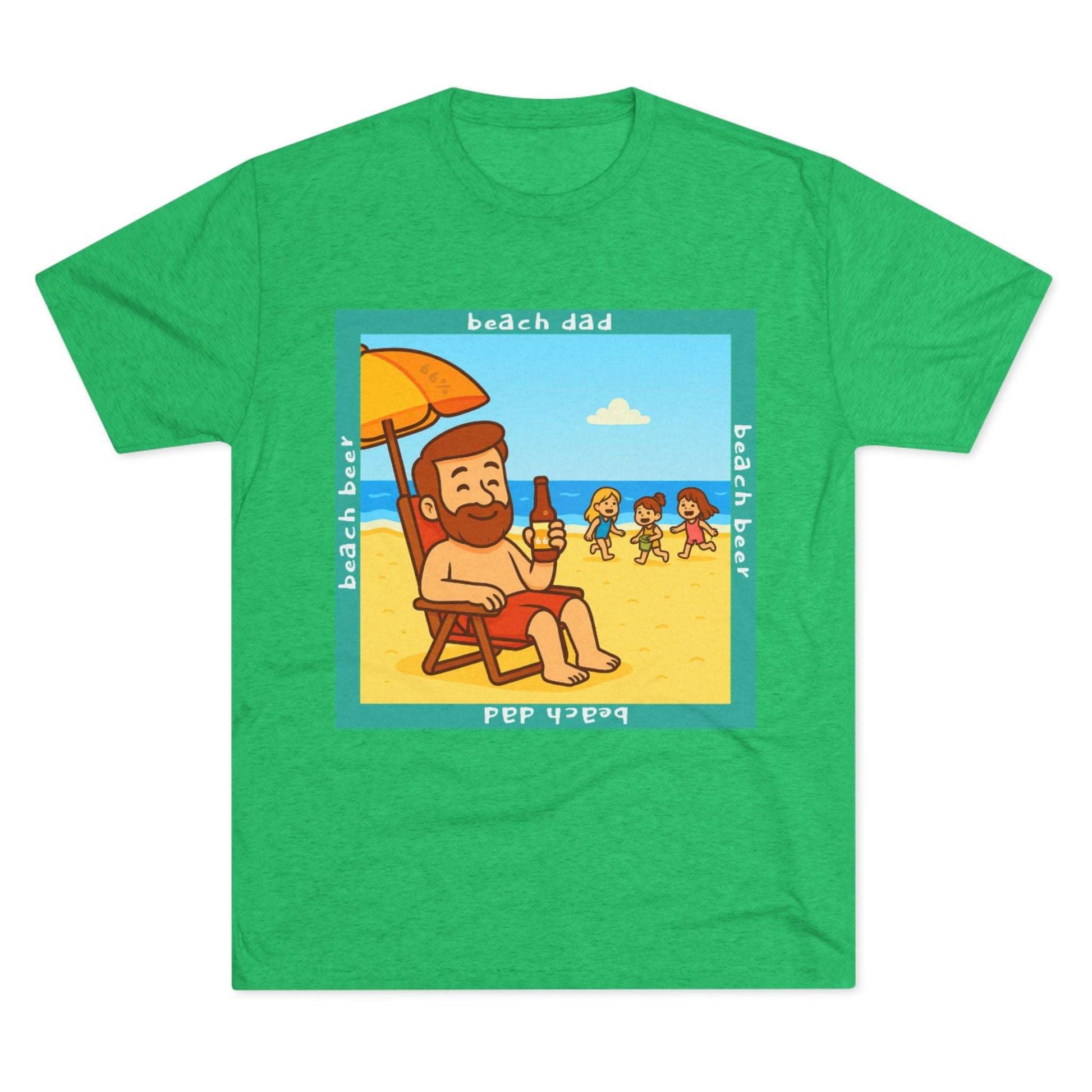 Beach Dad drinking beer on the sand with kids playing – 66% Tri-Blend Tee